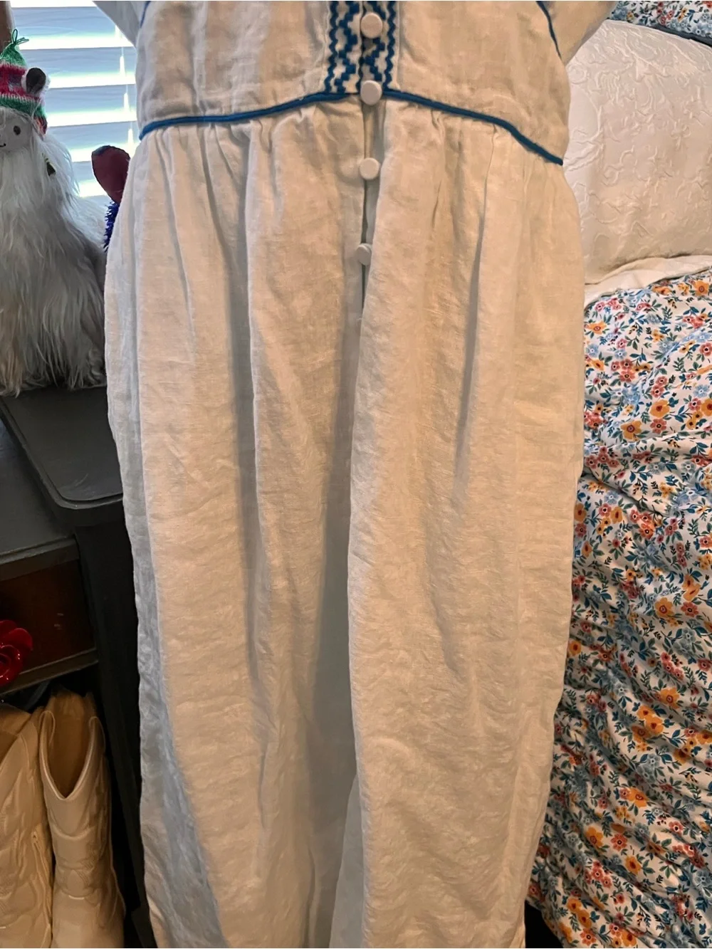 J. Crew White Linen Midi Dress with Blue Embroidered Trim